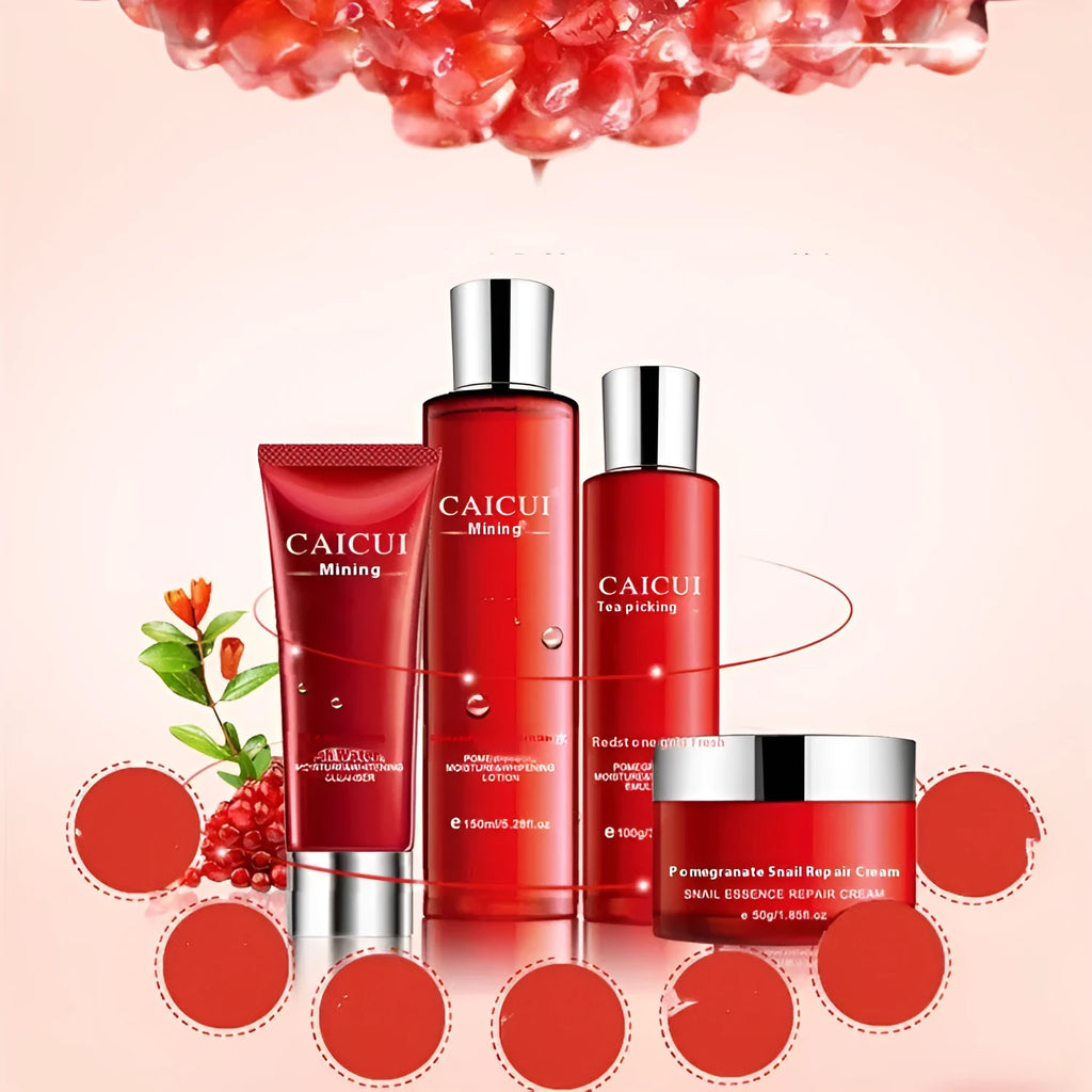 Pomegranate skin care set with four products in red packaging for moisturising and oil control