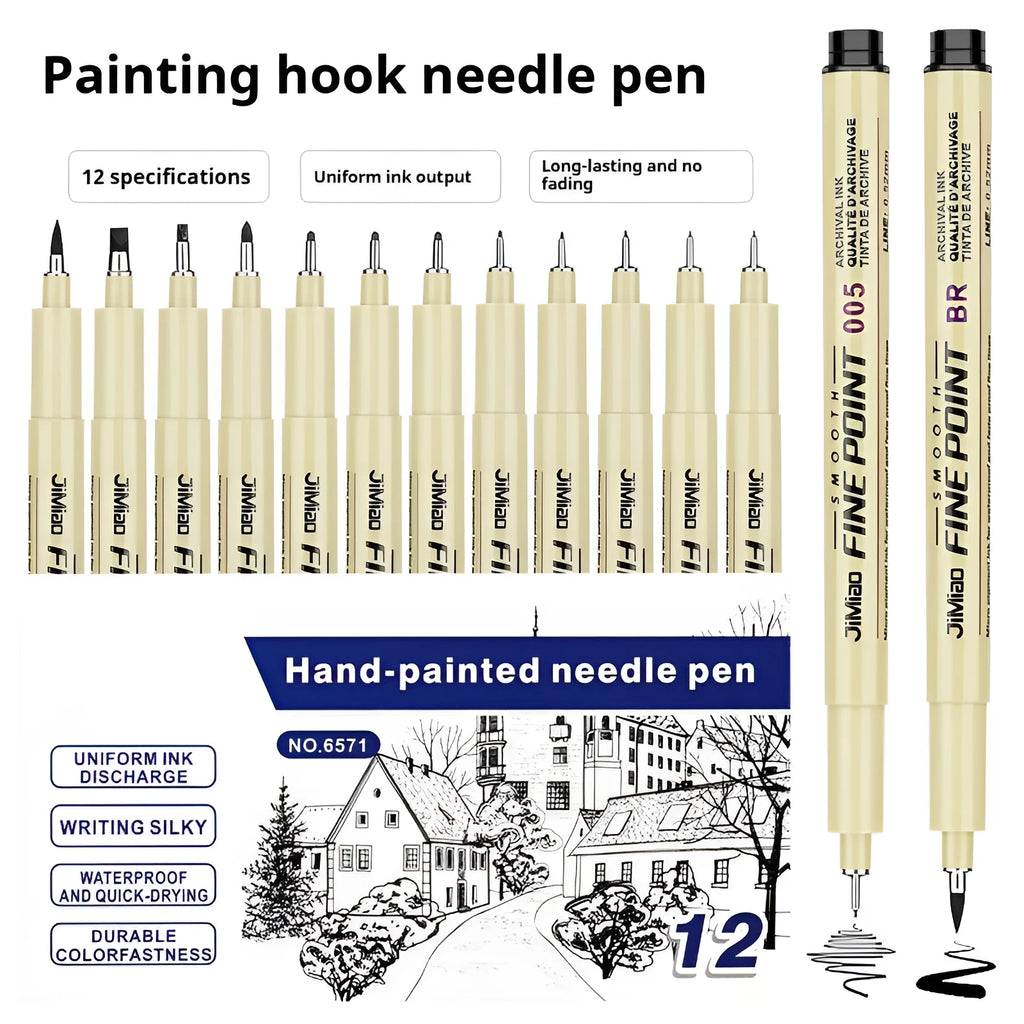 Waterproof needle pen with hand-drawn syringe cartoon design on plastic shell for sketching and writing