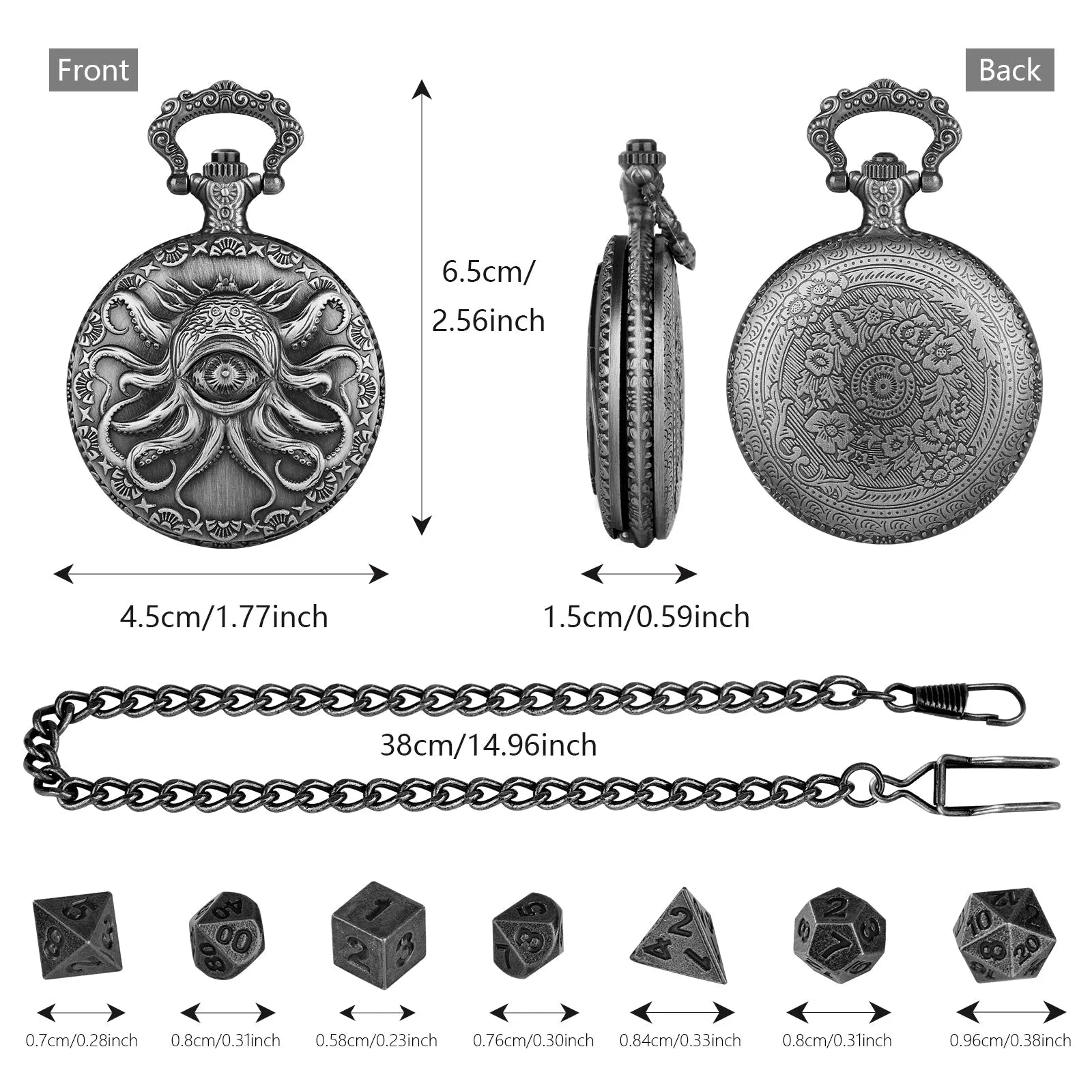 Steampunk cyclops octopus dice set in bronze finish inside metal storage box