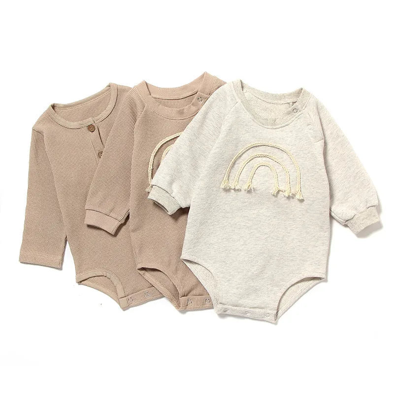 Waffle cotton baby romper with long sleeves in beige colour with cotton rope ties