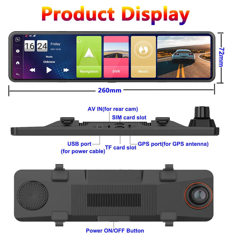 Black rearview mirror dashboard camera with dual recording and touch controls for vehicle security