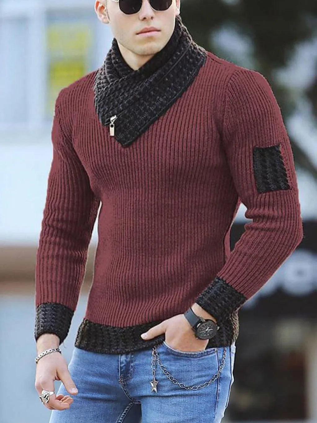 Men's casual slim knit pullover with scarf collar in khaki, ribbed bottom hem, long sleeves