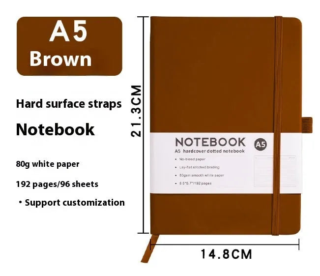 A5 office diary with hand skin feeling PU leather cover and strap closure, open to show horizontal line pages.