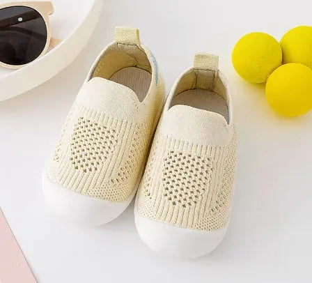 Baby soft sole non-slip walking shoes in fly woven cotton and natural rubber, available in multiple colours and sizes 11.5-15.5cm