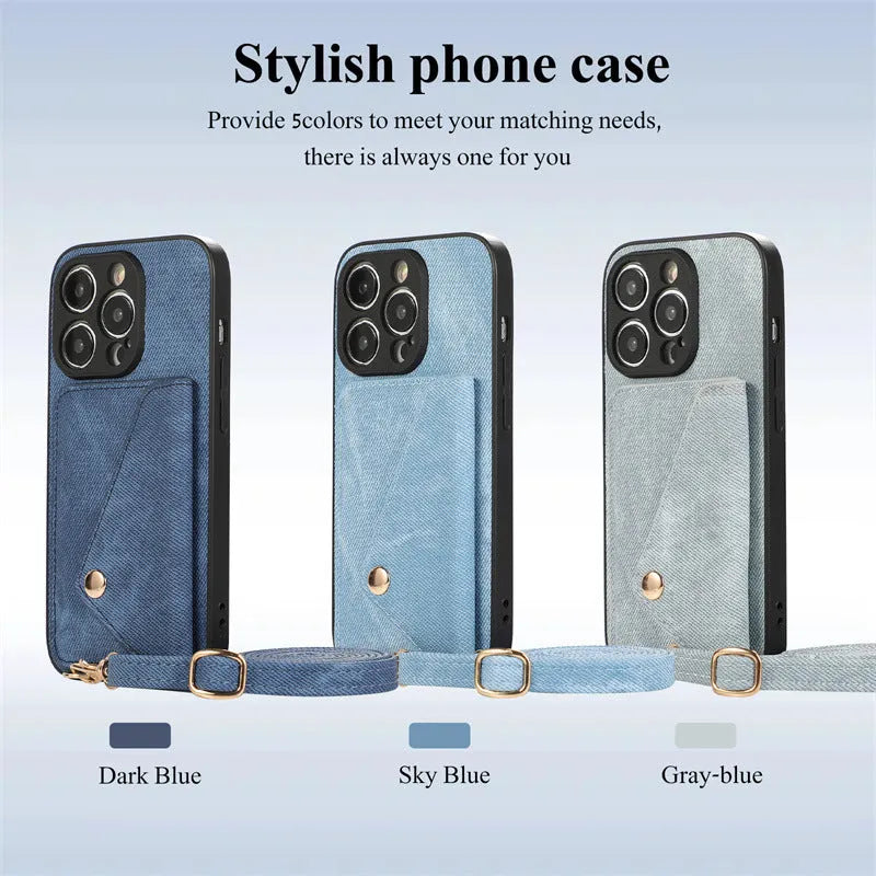 Denim-style faux leather phone case with lanyard and card clamp for iPhone in dark blue