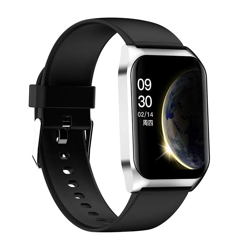 Black smart watch with 1.69-inch touchscreen display and silicone wristband showing interface