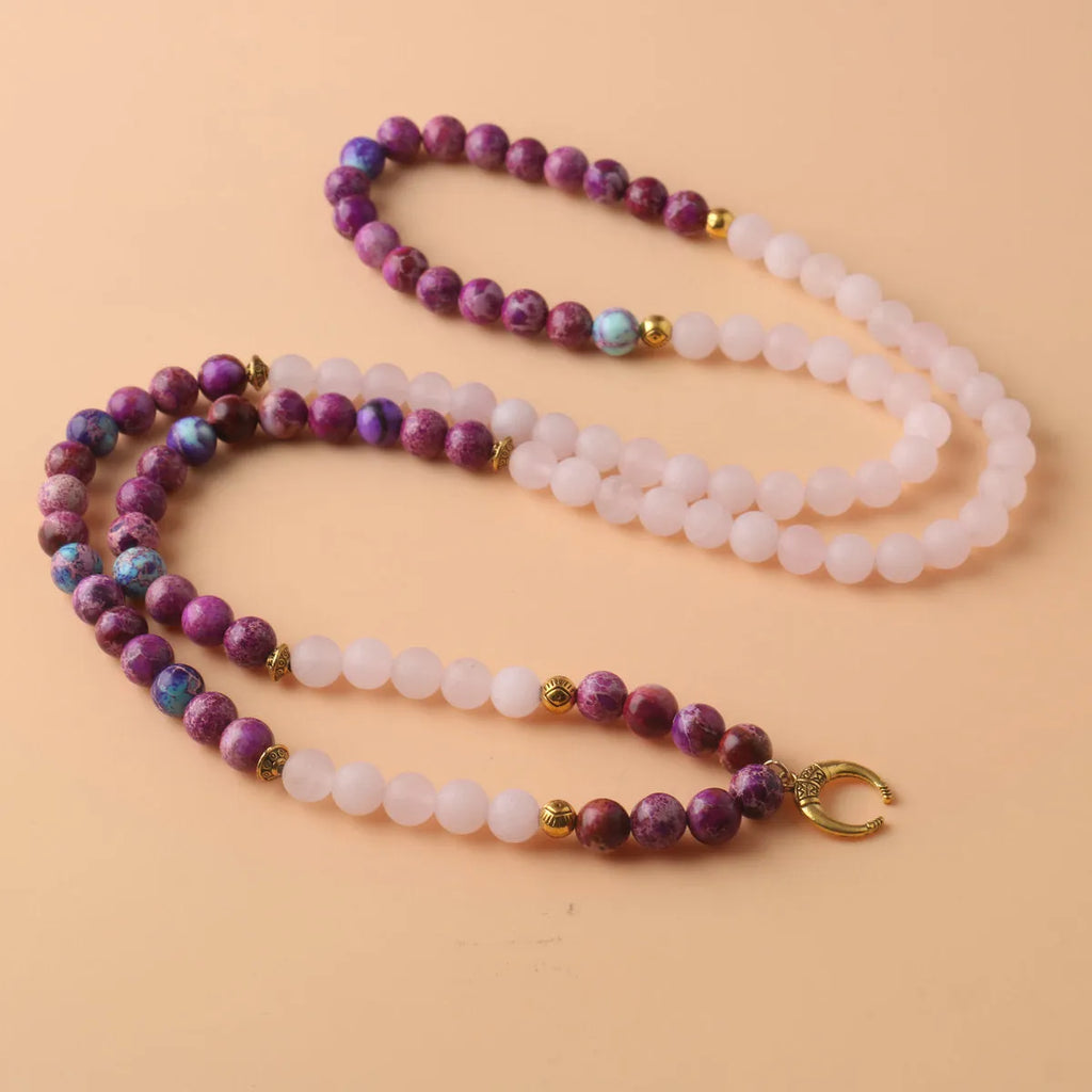 Pink crystal beads and Emperor Stone round pendant on women's personalised necklace