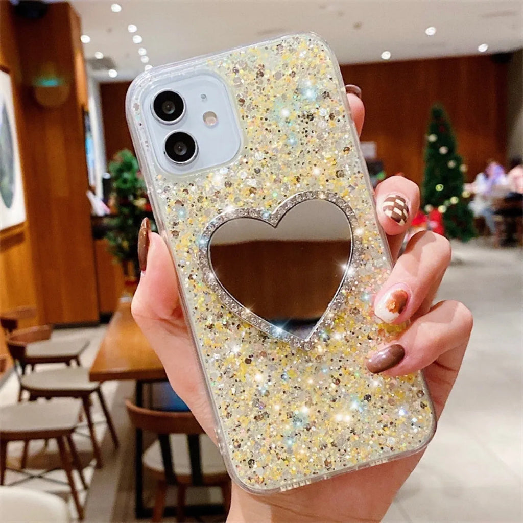 Epoxy mirror heart shape rhinestone phone case in glitter gold for Apple iPhone showing full coverage design