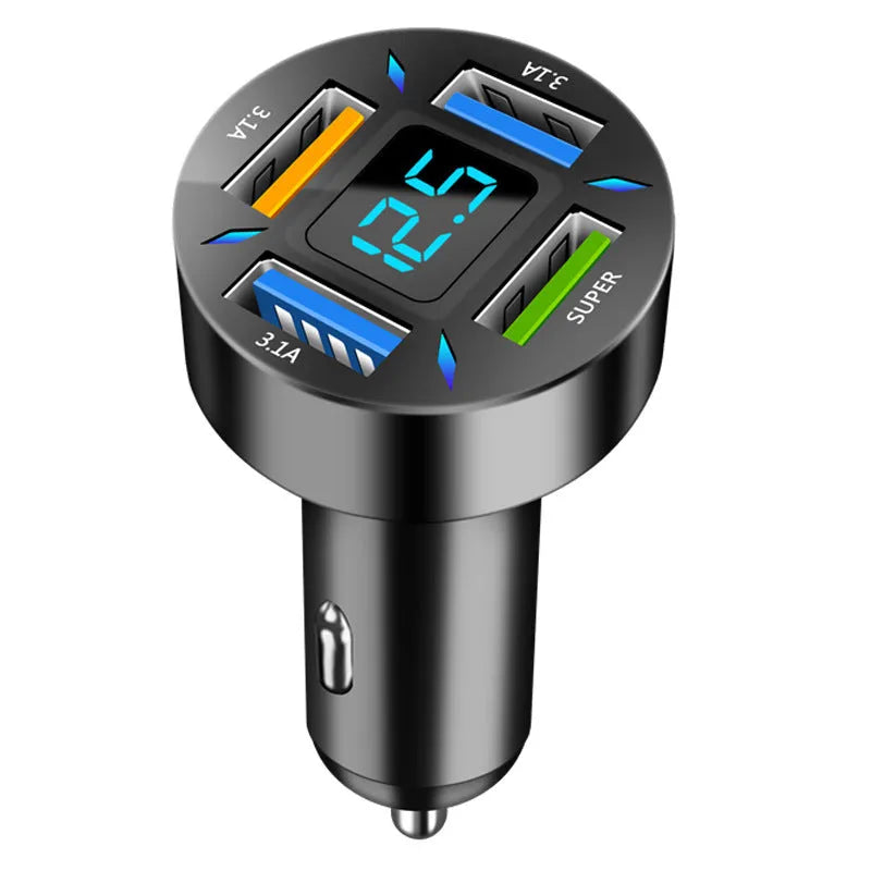Black four-port USB car charger with LED digital display plugged into a car power outlet.