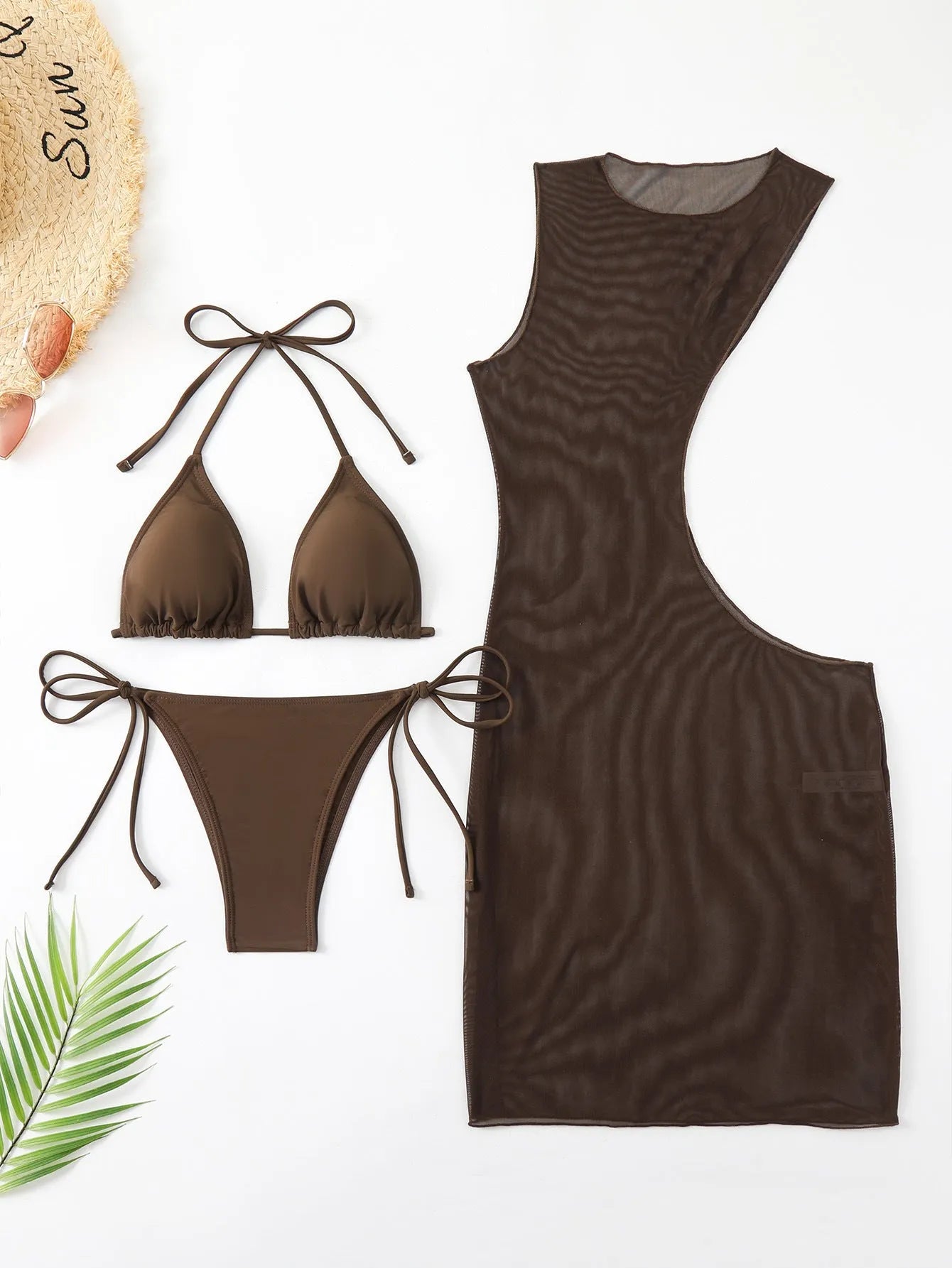 Brown women's three-piece swimsuit bikini set with bra, shorts, and blouse on mannequin