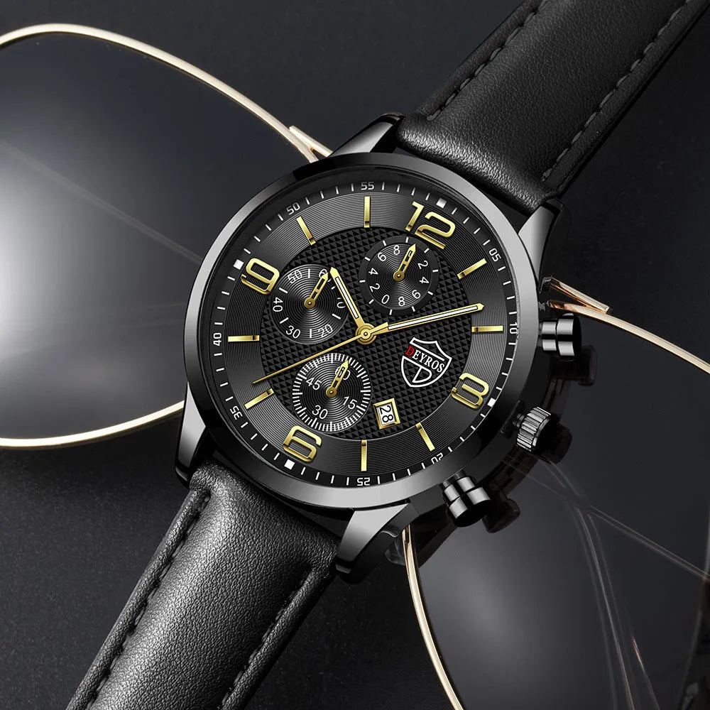 Men's calendar quartz watch with round alloy case, mineral glass mirror, black dial, and black strap
