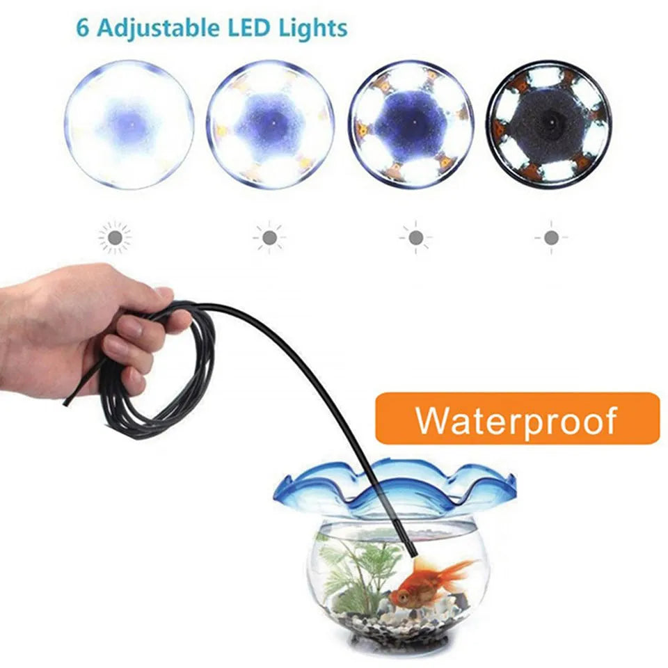 USB-C Android endoscope inspection camera with side mirror, hook and magnet attachments on flexible cable