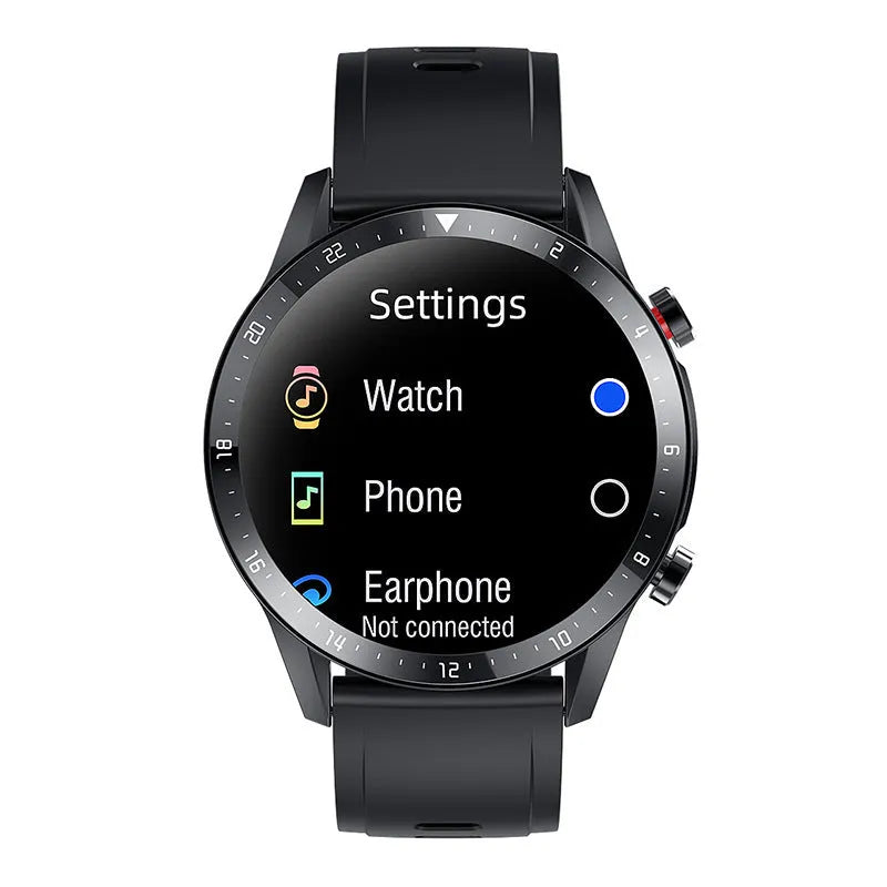 Silver black alloy Bluetooth smart watch with a black wrist strap on a wrist.