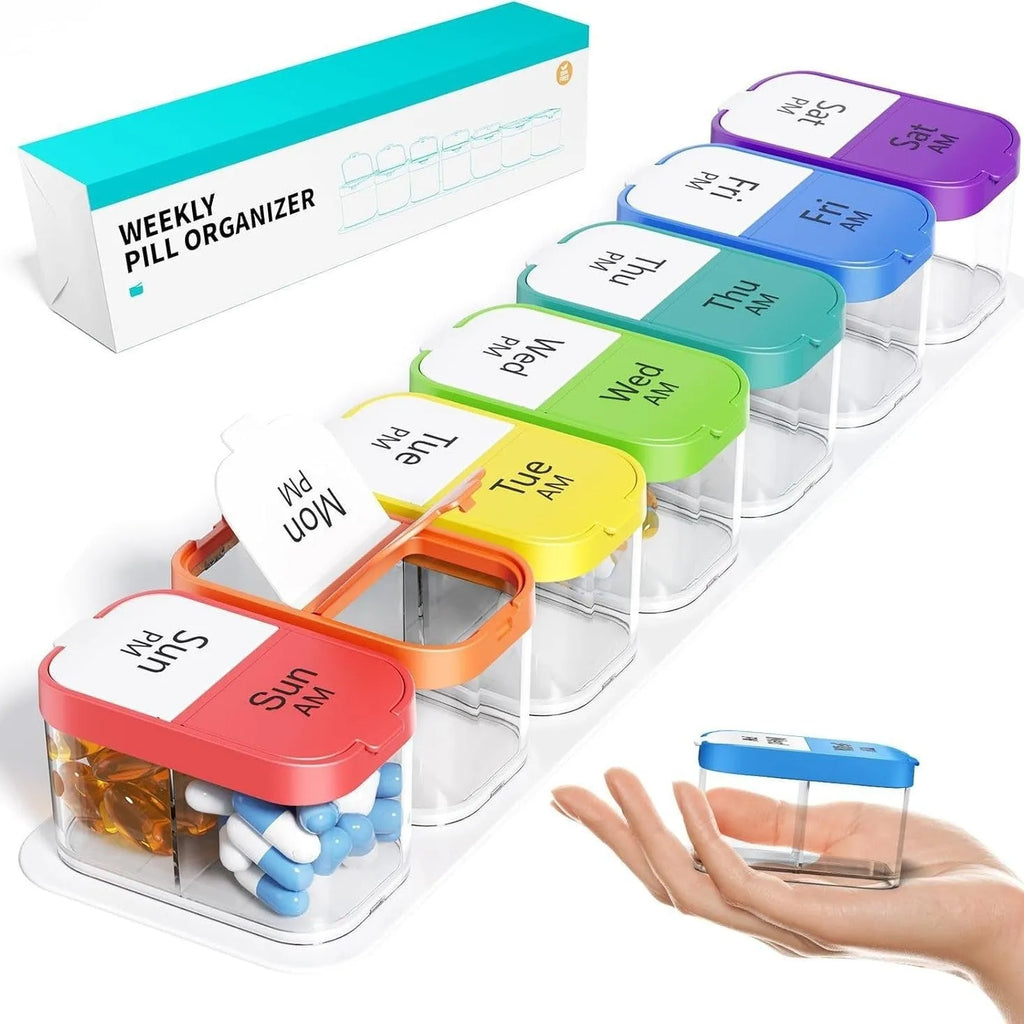 Extra large portable pill dispenser with 14 removable compartments in rainbow colour