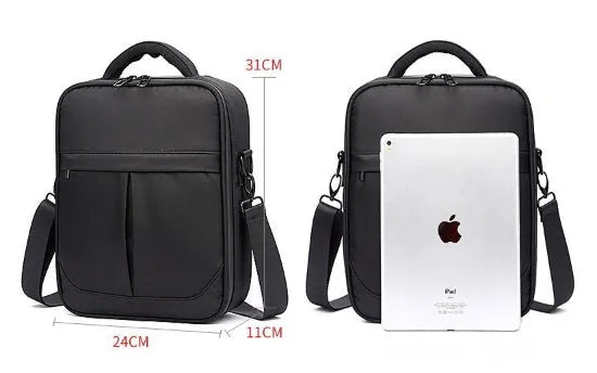 Black men's Oxford fabric messenger shoulder bag showing dimensions of 24x11x31 cm.
