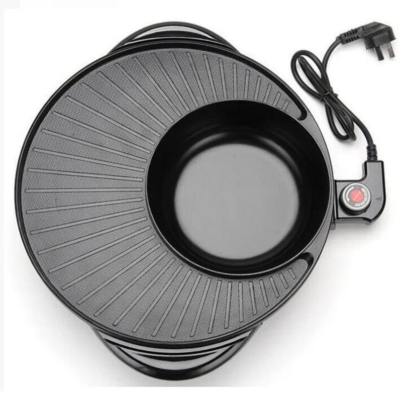 Black Korean-style shabu-shabu electric grill with aluminium alloy inner pot and wave plate baking tray