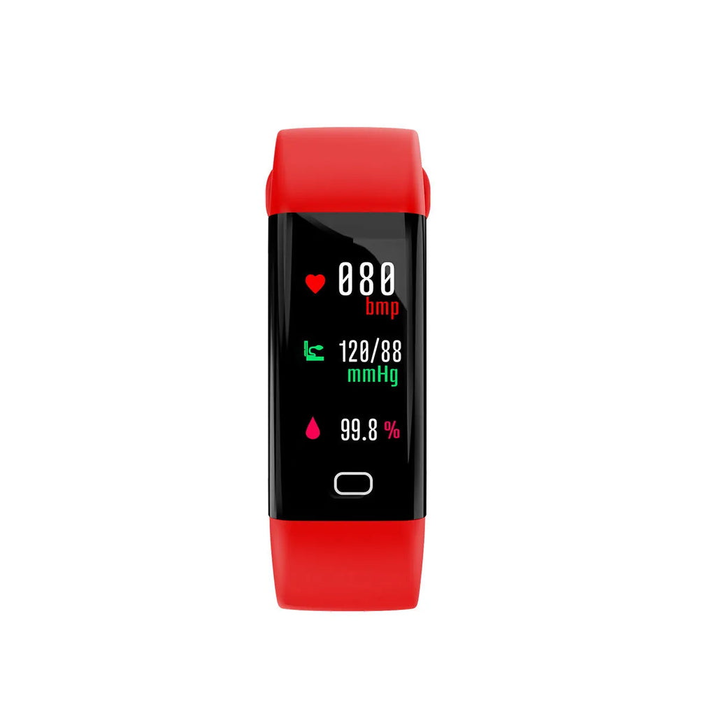 Big screen smart fitness band with OLED display showing stats, on wrist with interchangeable coloured strap options
