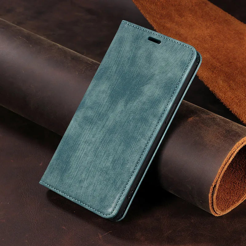 Magnetic flip phone case for iPhone in multiple colours showing front flap closed.