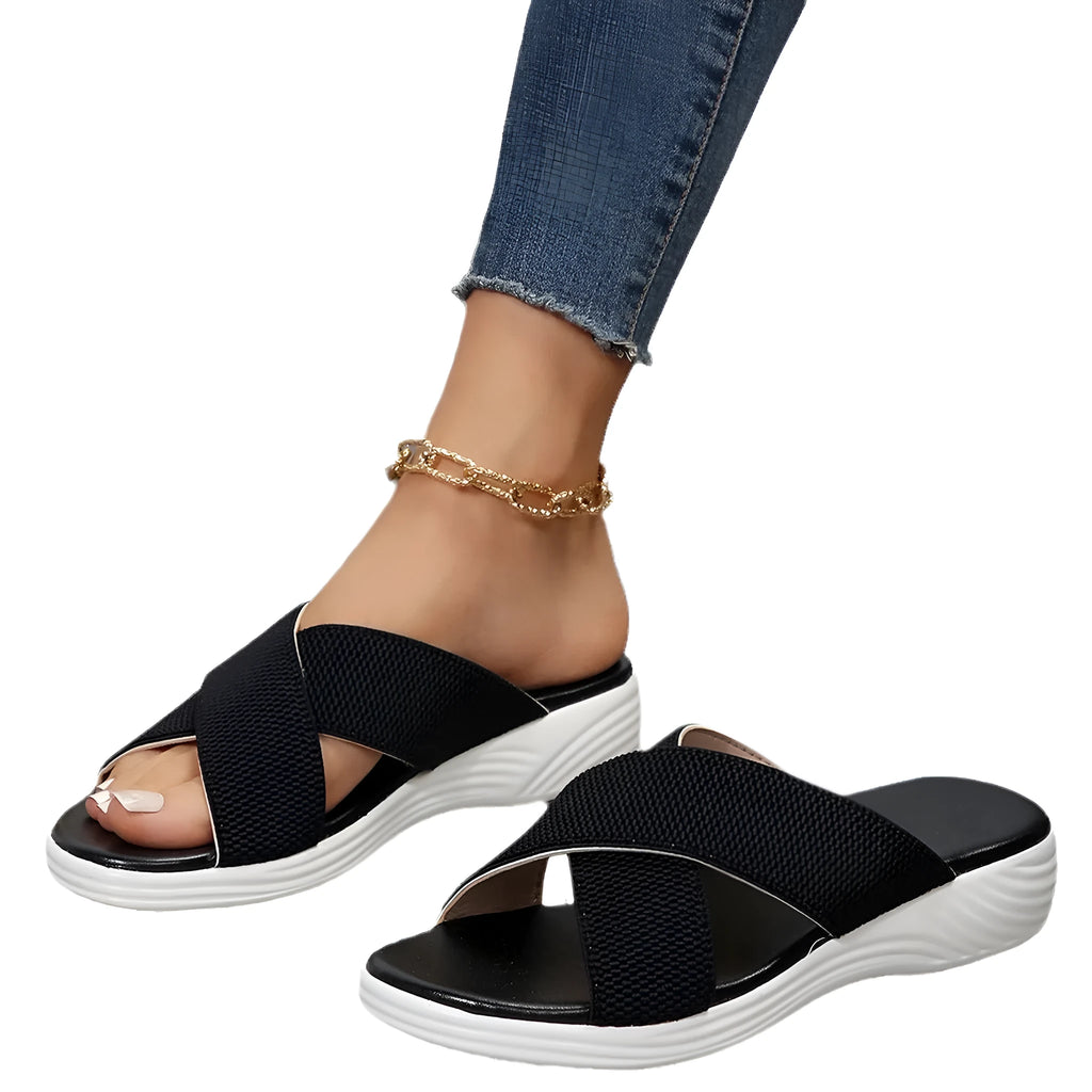 Women's black wedge peep-toe slippers with a thick rubber sole on a white background.