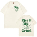 Loose fit linen T-shirt with Rise and Grind text and green coffee cartoon print on chest.