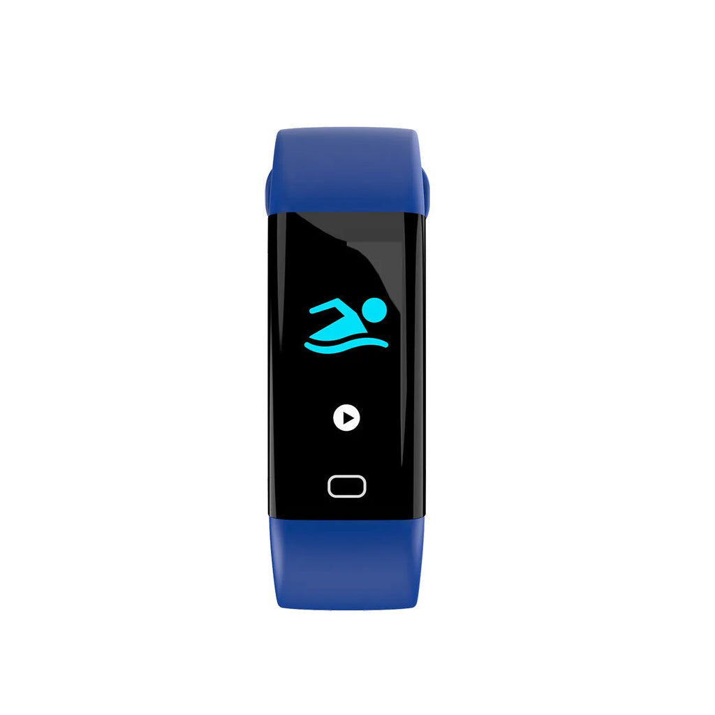 Big screen smart fitness band with OLED display showing stats, on wrist with interchangeable coloured strap options