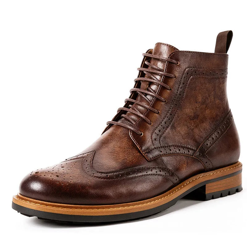 Men's leather Martin boots with first layer cowhide patent finish upper and rubber sole, black or dark coffee