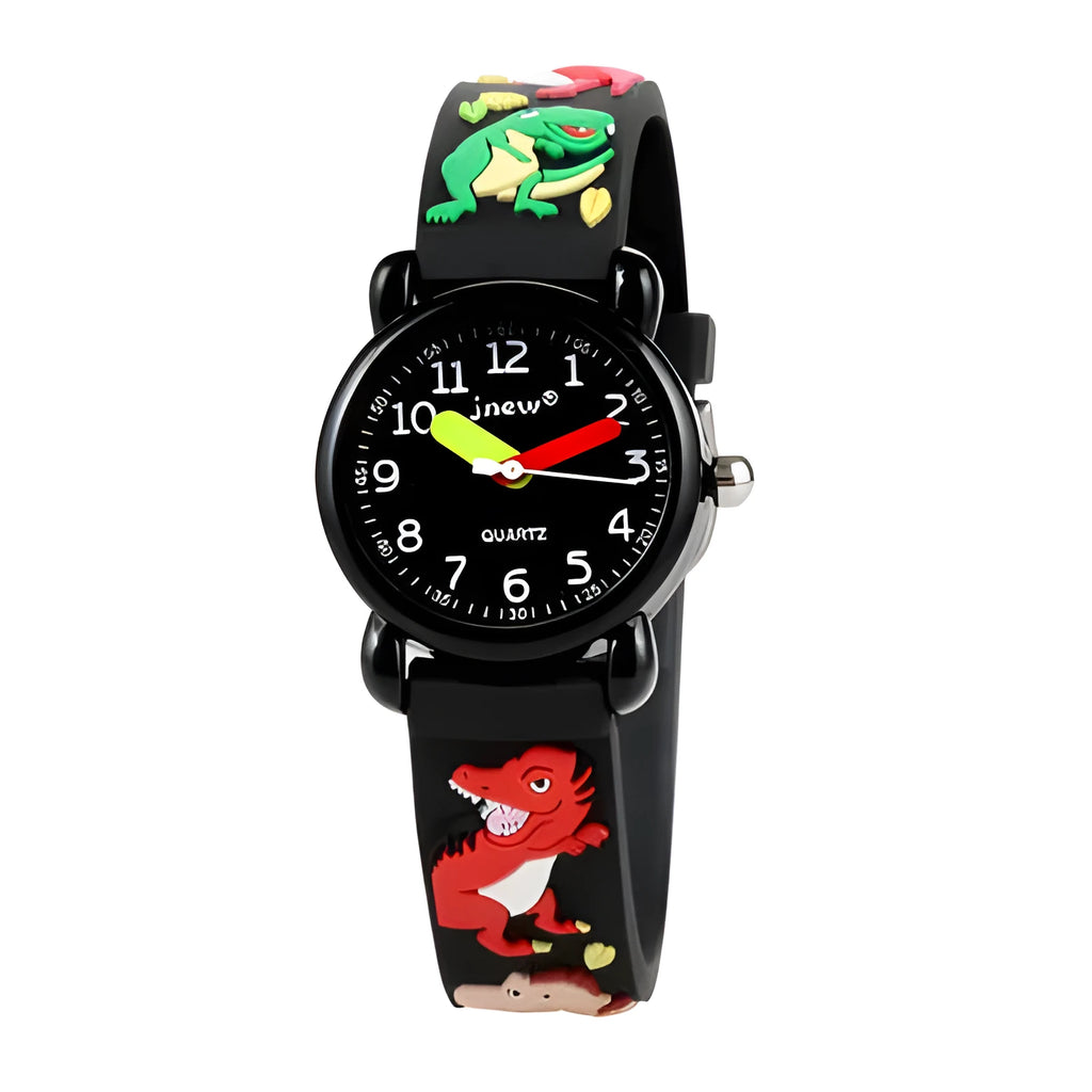 Children's waterproof quartz watch with black soft rubber strap and 3D cartoon pattern on face