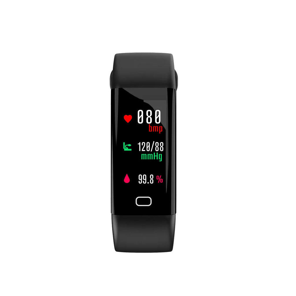 Big screen smart fitness band with OLED display showing stats, on wrist with interchangeable coloured strap options