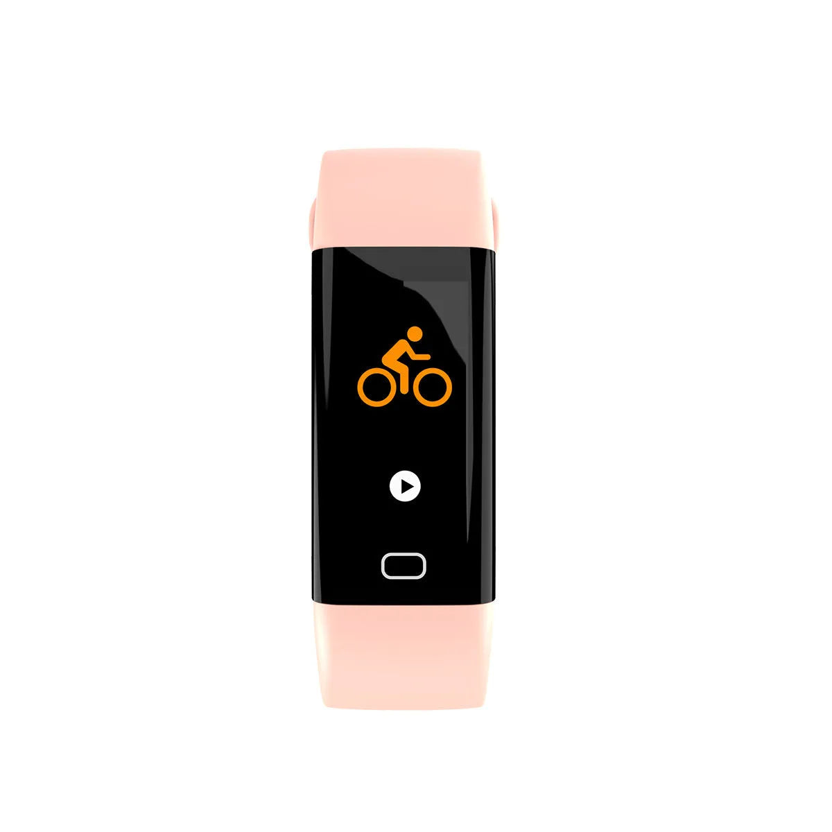 Big screen smart fitness band with OLED display showing stats, on wrist with interchangeable coloured strap options