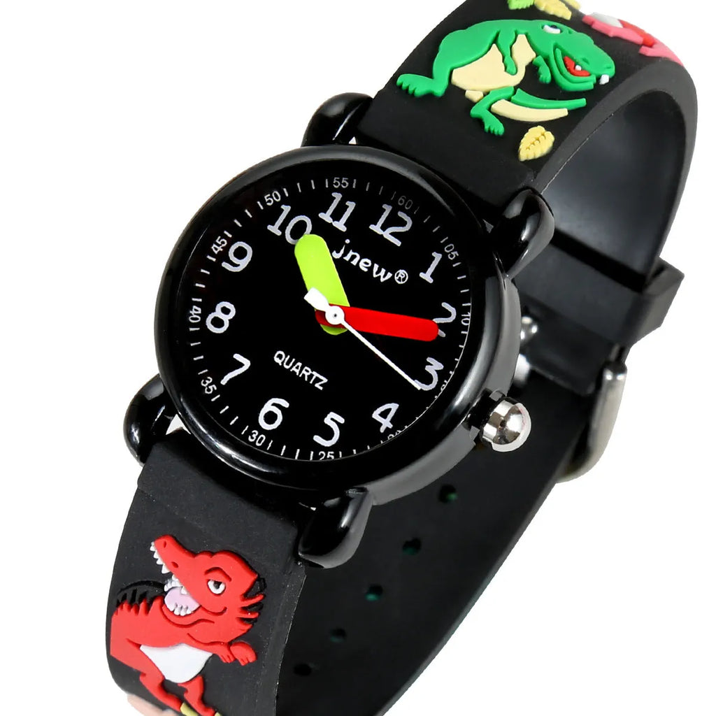 Children's waterproof quartz watch with black soft rubber strap and 3D cartoon pattern on face