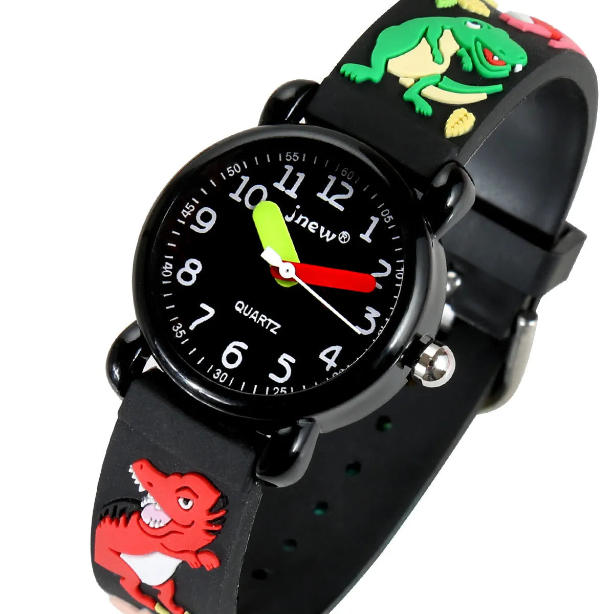 Children's waterproof quartz watch with black soft rubber strap and 3D cartoon pattern on face