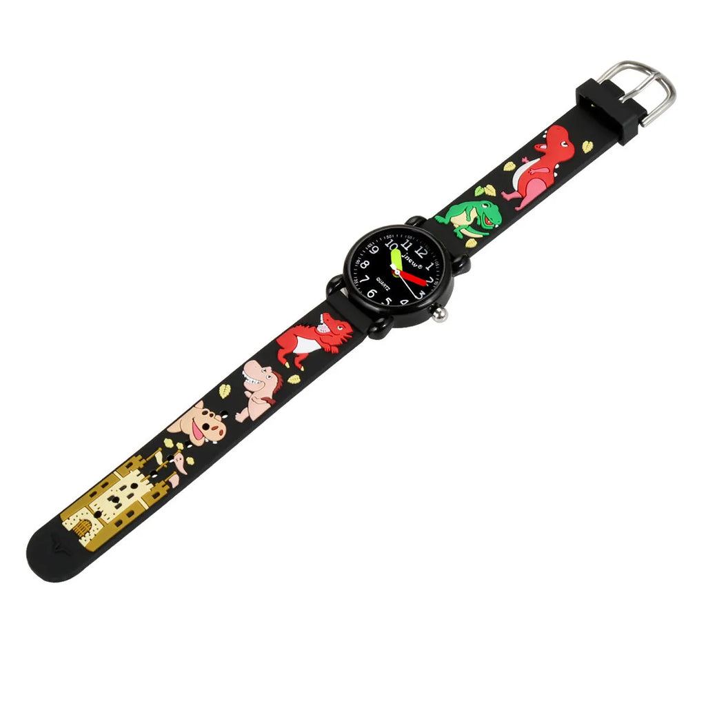 Children's waterproof quartz watch with black soft rubber strap and 3D cartoon pattern on face