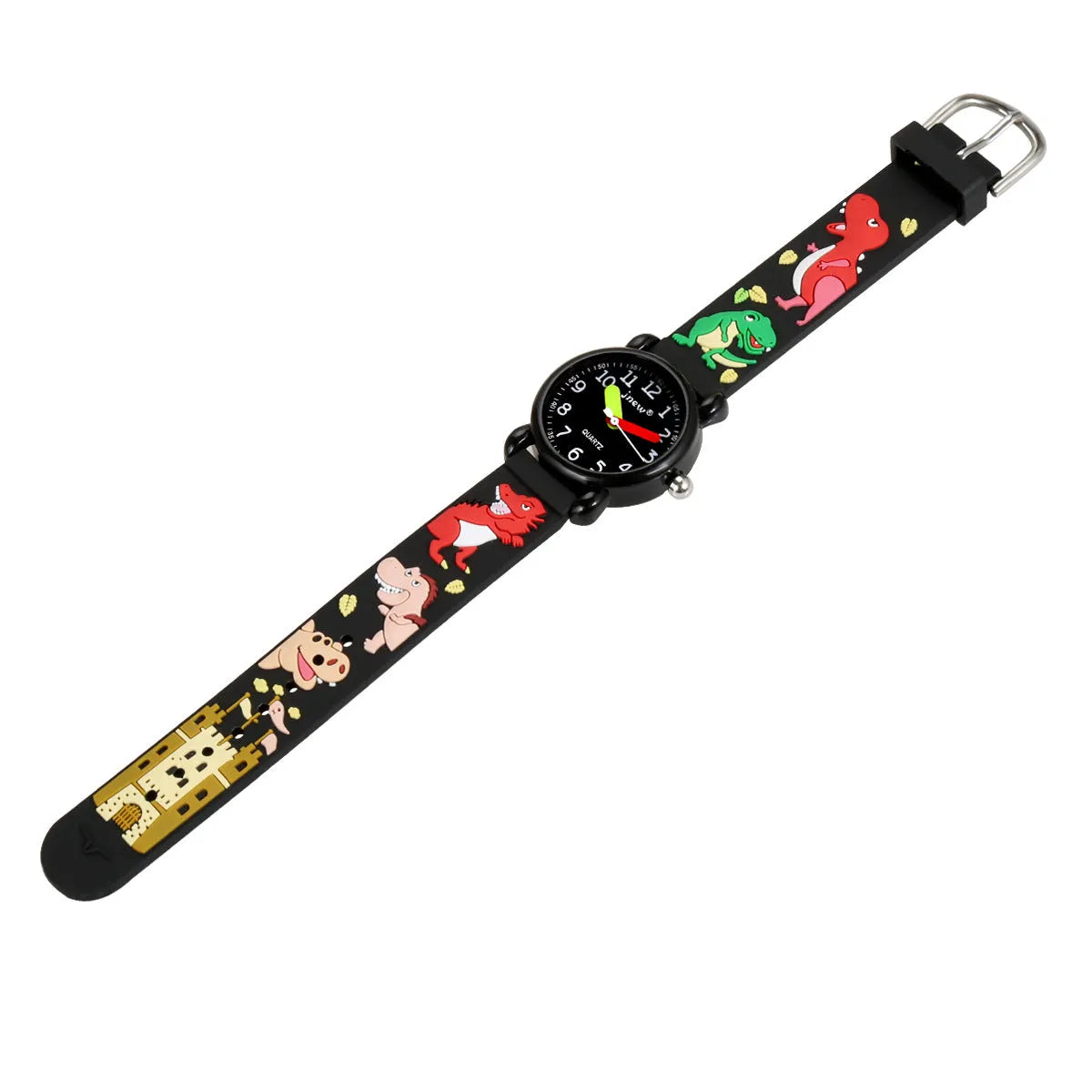 Children's waterproof quartz watch with black soft rubber strap and 3D cartoon pattern on face