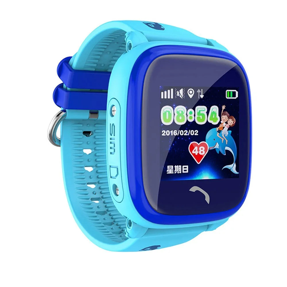 Blue children's waterproof smart watch with touch screen showing SOS call function