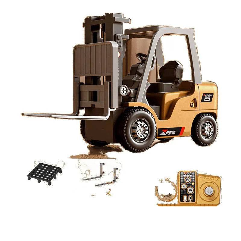 Blue alloy forklift remote control car with cargo accessories on pallet
