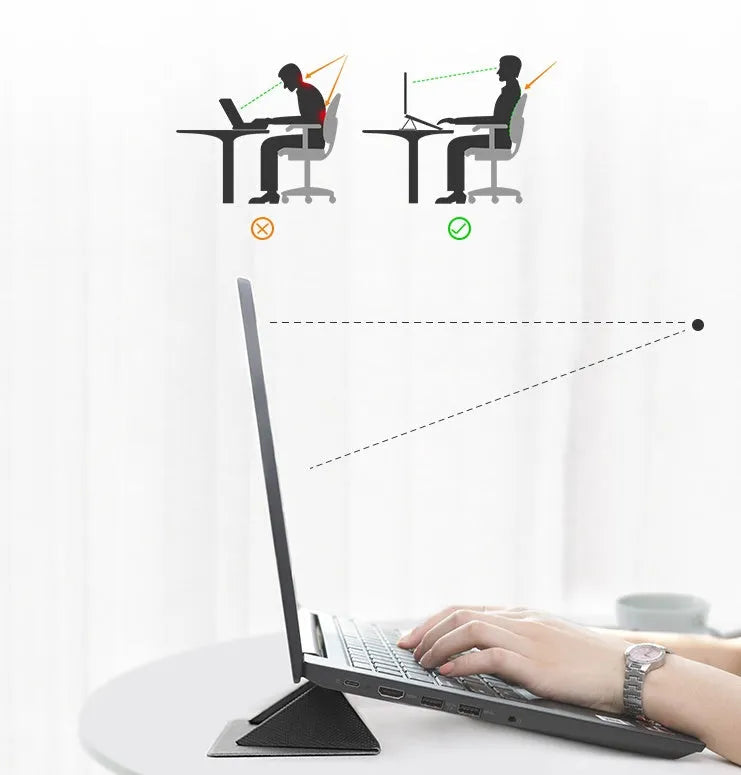 Blue foldable laptop cooling bracket with anti-slip surface shown open next to a closed laptop