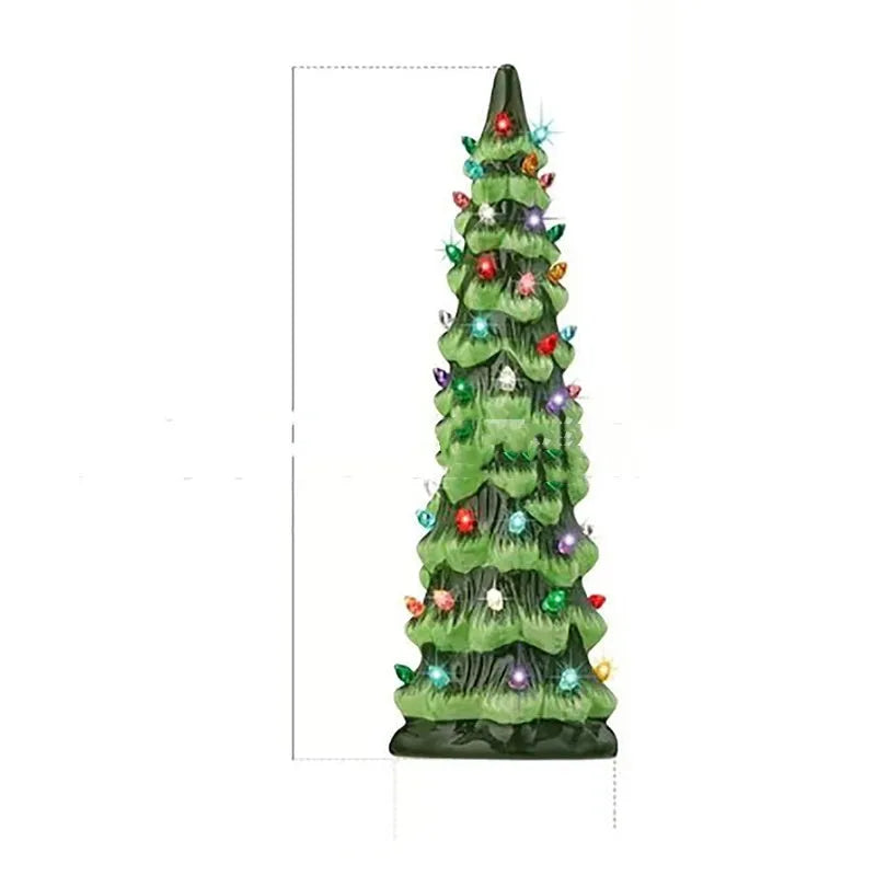 European-style resin Christmas tree decoration in various sizes with coloured or warm lighting options.