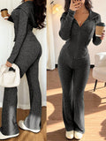 Women's long sleeve hooded tracksuit set with zip top and matching trousers in solid colour rib knit, wine red light grey apricot dark grey.