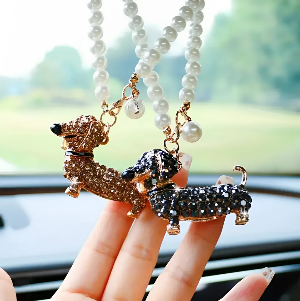 Dachshund car rearview mirror pendant in alloy, hanging car interior ornament in champagne, grey or black