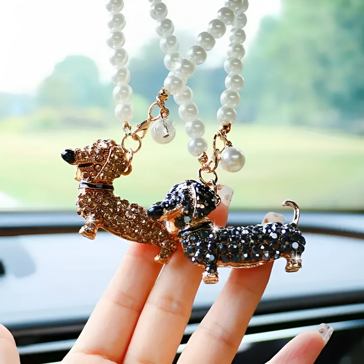 Dachshund car rearview mirror pendant in alloy, hanging car interior ornament in champagne, grey or black