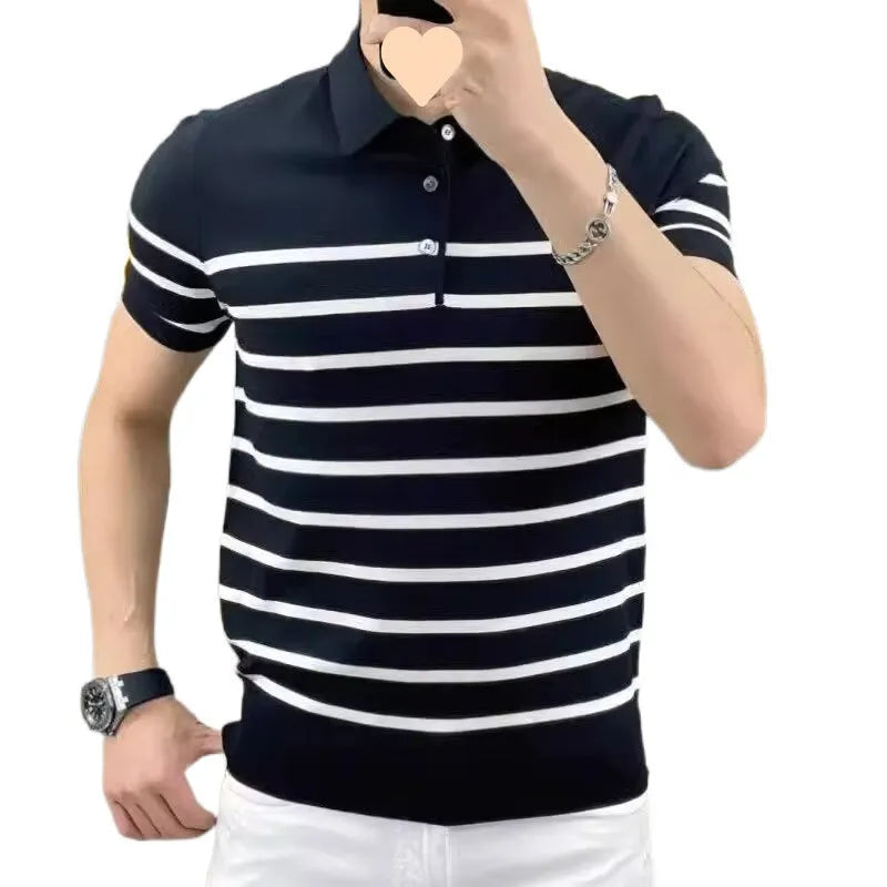 Chemical fibre blend striped lapel knitted T-shirt in black and white colour options