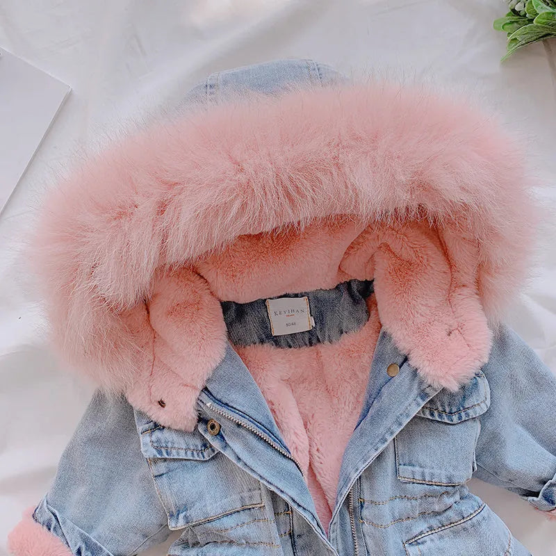 Girls blue denim coat with attached hood and plus velvet lining