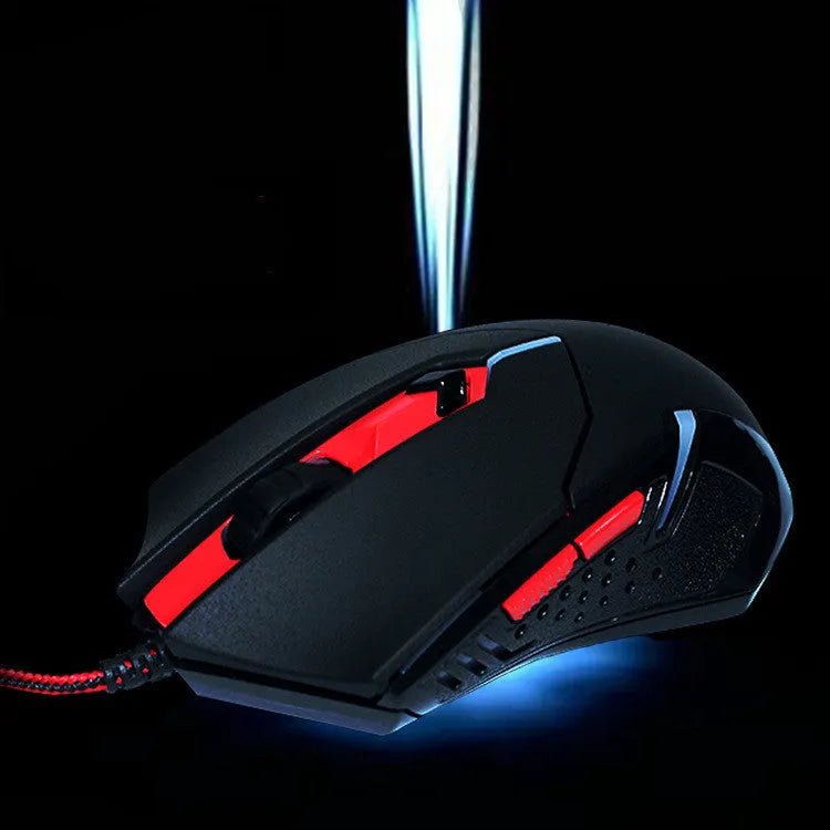 Black and red USB wired optical gaming mouse with ergonomic design and 6 programmable keys