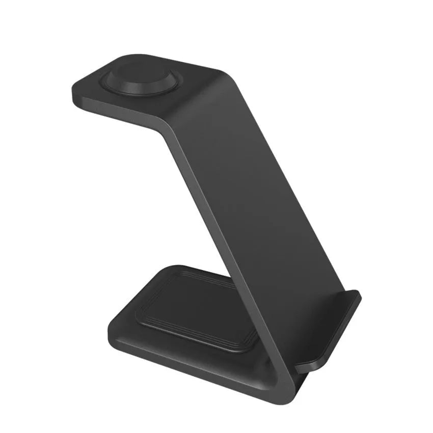 White adjustable wireless charging phone stand showing phone in portrait orientation on charger