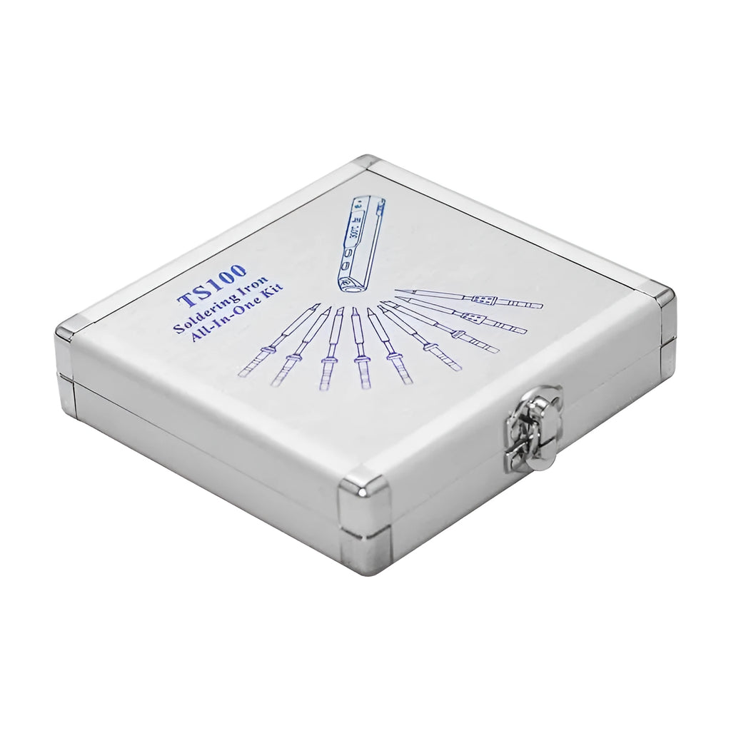 Silver aluminium storage box for TS100 soldering iron accessories with compact dimensions
