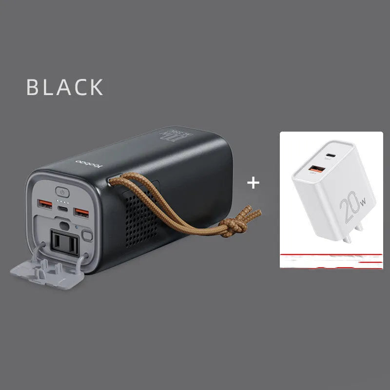 Black portable power bank with solar panel, 20000mAh capacity, and 200W maximum output power