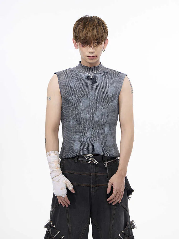 Men's black and silver pastebrushing wool sleeveless vest with a stand turtleneck collar.