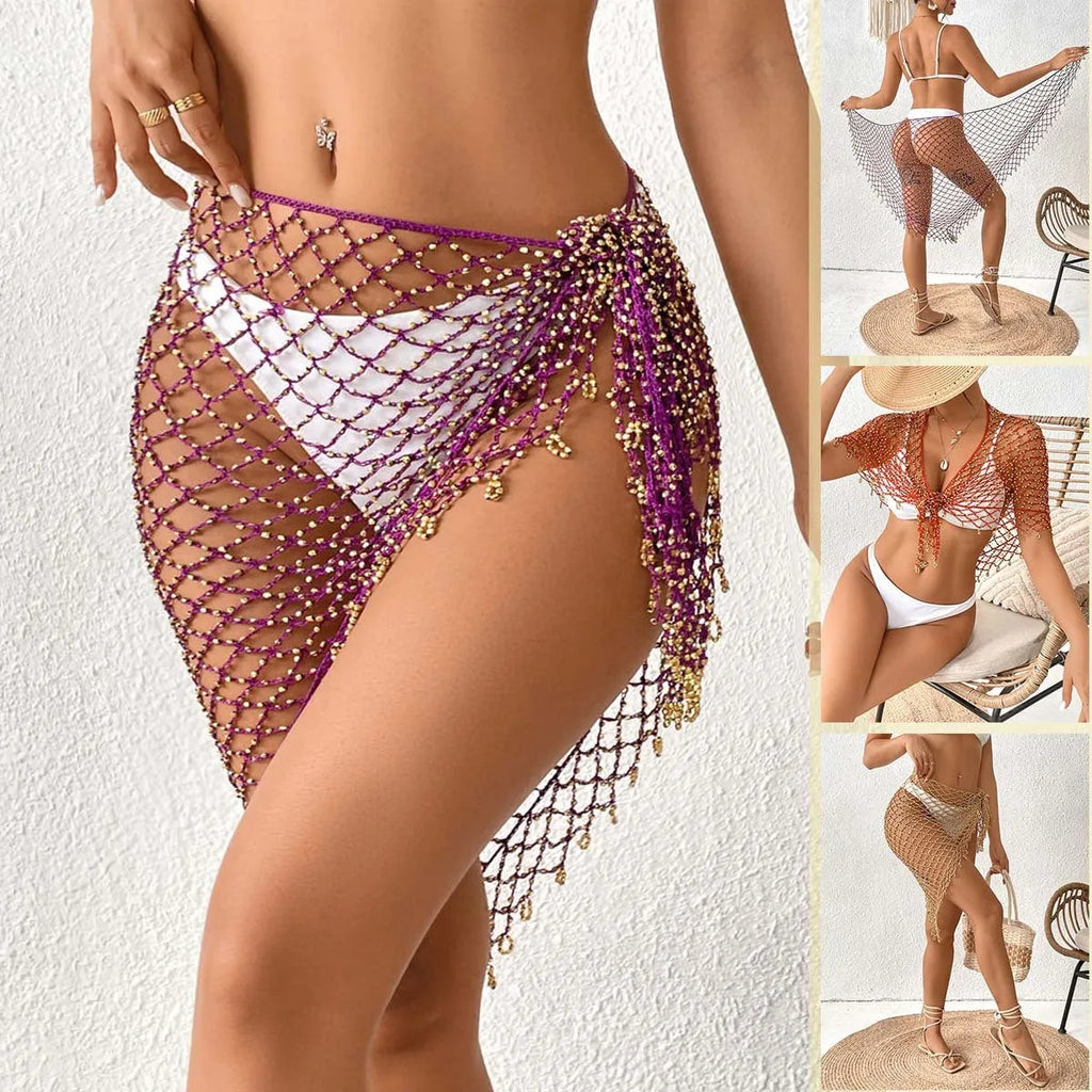 Hand crocheting bead shawl bikini triangular binder women's swim cover-up cape free size acetate rayon blend