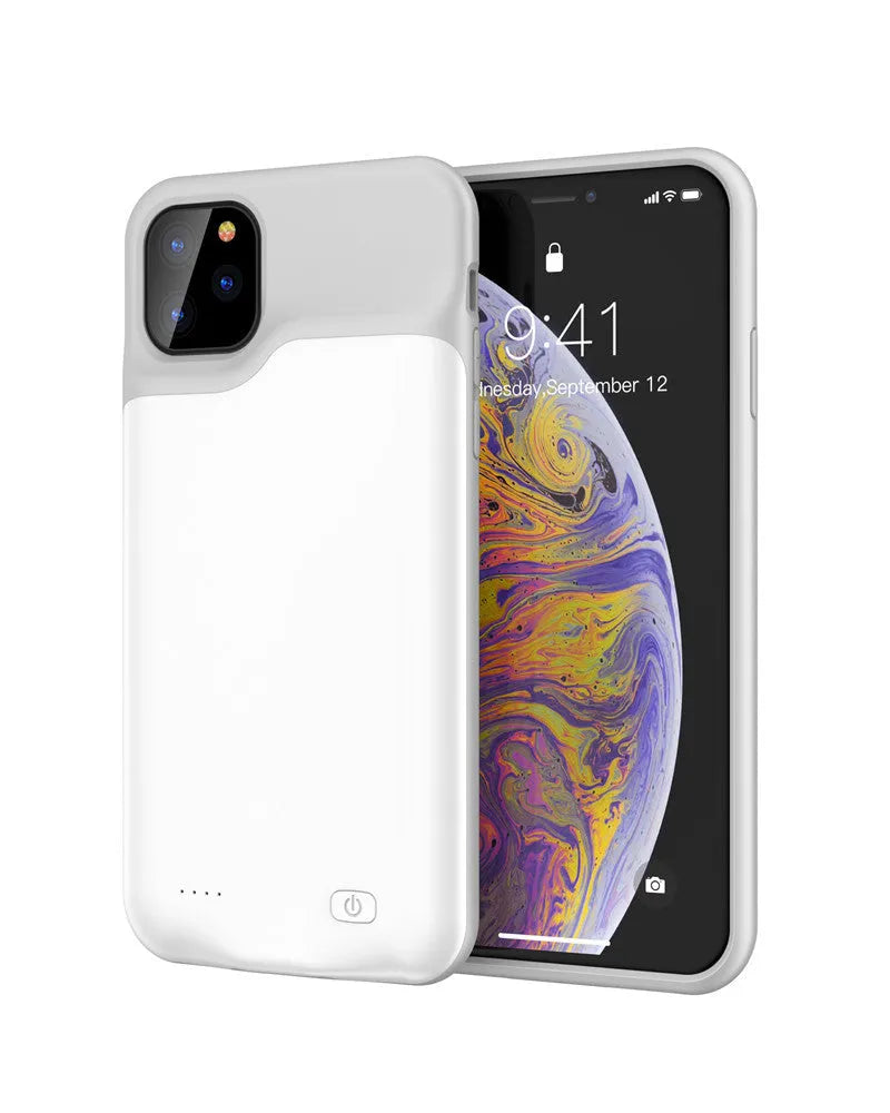 Shockproof silicone battery charger case for iPhone in black, blue, pink, or white, showing integrated high-capacity battery.