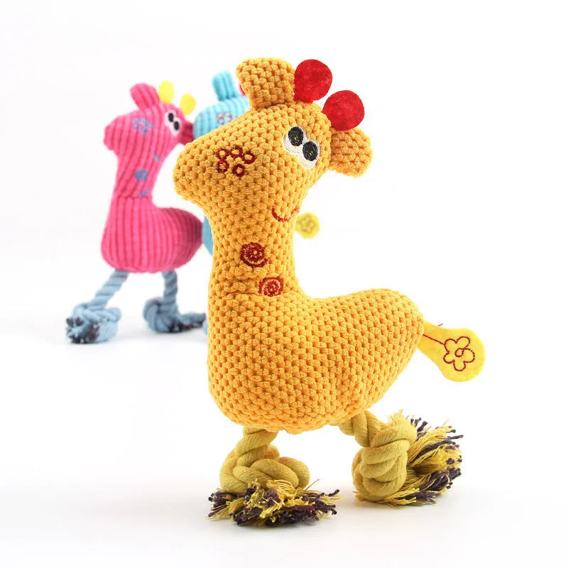 Deer shaped blue plush dog toy with corn grain textured fabric and squeaker sound